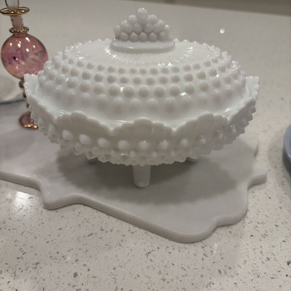 Vintage 6" FENTON Hobnail Milk Glass Oval Candy Dish with Lid